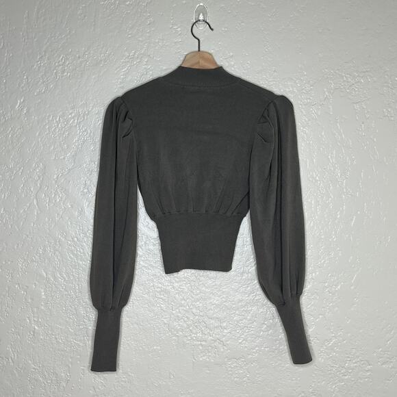 Zara Women's Green Keyhole Puff Sleeve Smocked Mock Neck Sweater Size Small - Picture 3 of 5